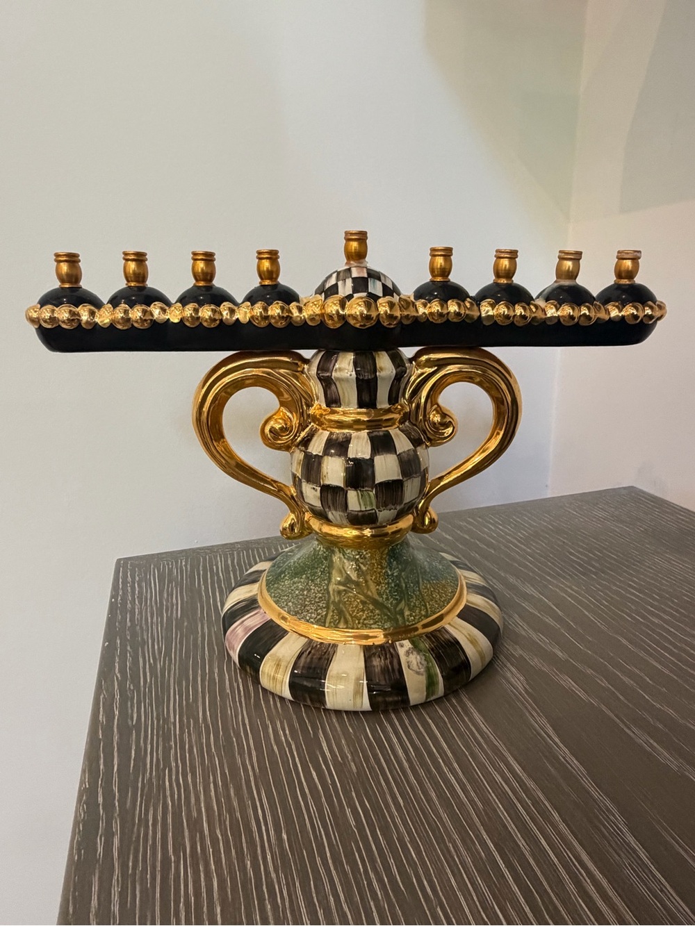 McKenzie Childs Checkerboard Ceramic Menorah with Gold Accents - Black & White